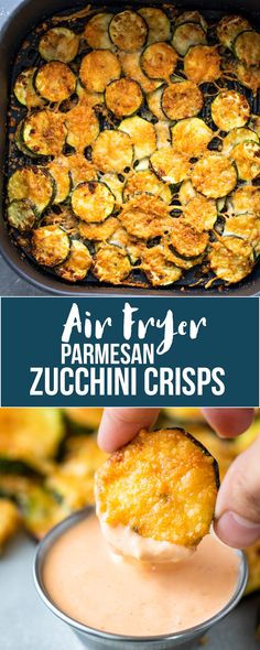 zucchini chips being dipped with dipping sauce