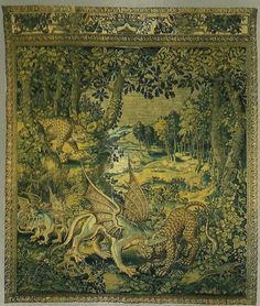 a tapestry with dragon and other animals in the forest on it's sides, surrounded by trees