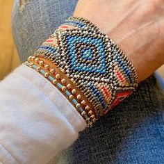 Flat Beaded Bracelet & Stretch Bracelets | Southwest Turquoise/Red | S – Strands and Bands by Fran Seed Bead Stretch Bracelets, Bead Stretch Bracelets, Ball Bracelet, Red S, Coral Peach, Geometric Diamond, Miyuki Beads, Beaded Stretch Bracelet, Bracelet Sizes