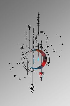 an abstract graphic design with arrows, circles and stars on a gray background that includes the letter c