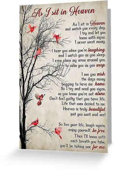 a poem written in red and white with birds flying around it