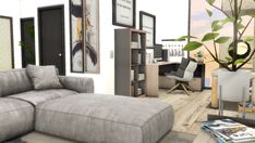 a living room filled with furniture next to a book shelf full of books and magazines