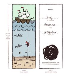 two bookmarks with an image of a ship on the water and another drawing of a shark