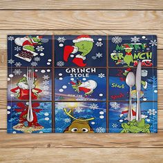 the grinch store placemats are decorated with cartoon characters and christmas themed items