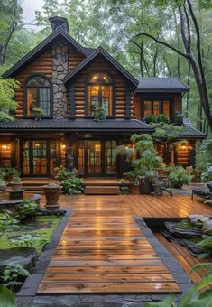 a large wooden house in the woods