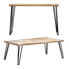 two tables with hairpin legs and a wooden table top on each side, both in different sizes