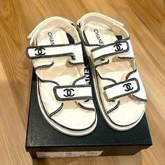 Size 42 Worn 2 Times. Excellent Condition. Comes With Box, 2 Dust Bags. Original Price $1525 Plus Tax Chanel White Sandals, Chanel Quilted Sandals, Dad Sandals, Chanel Shoes, Women's Shoes Sandals, Shoes Sandals, Dust Bag, White And Black, Chanel