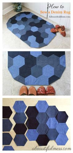 an image of a rug made out of blue and black hexagonal tiles with text overlay that says how to sew