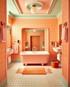 an orange and pink bathroom with a claw foot bathtub in the center, rug on the floor