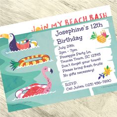 a birthday party card with an image of a flamingo