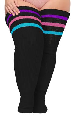 Color: Black & Rainbow  
 Features: 60% Acrylic Yarn fabric Knitted, 15% thick-increased, keep warm, keep fashion.  
 Three Wear Ways: Thigh High Socks, Over the Knee Socks, Slouch Socks  
 Adjustable closure  
 Machine washable in cold water only  
 One Size: US 6.5 - 10  
 
 Packing List:  
 1*pair of Plus Size Thigh High Socks  
 1* pair of Garter Belts   Description   The Plus Size Thigh High Socks in Striped Black Rainbow is a unique and colorful pair of socks designed for individuals with larger legs. The socks are made of high-quality materials that are soft and comfortable, providing a cozy and warm feeling. The striped pattern in black with a rainbow of vibrant colors adds a pop of color and playfulness to any outfit. The socks are designed to fit comfortably on thicker legs, pro Plus Size Thigh High Socks, Plus Size Thigh, Thigh Straps, Striped Thigh High Socks, Thigh Garter, Thigh High Sock, Striped Stockings, Mini Pleated Skirt, Slouch Socks