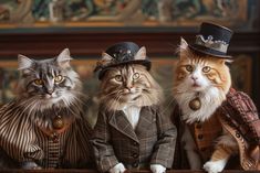 three cats dressed in fancy clothes and hats sitting next to each other on a table