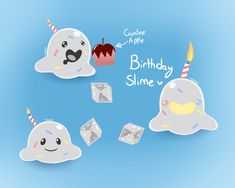 cartoon ghost with candles and ice cubes in the shape of happy birthday slime