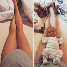 two pictures of a woman laying on her stomach holding a baby