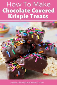 chocolate covered krispie treats stacked on top of each other