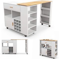 four different views of a kitchen island with wine racks and drawers on wheels, including an oven