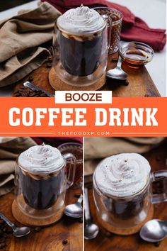 Image of a Booze Coffee Drink served in a clear glass mug. This rich and creamy coffee is infused with your favorite liqueur, topped with a swirl of whipped cream, and garnished with a sprinkle of cocoa powder. Perfect for a warm and indulgent pick-me-up or an after-dinner cocktail. Boozy Coffee Drinks, Coffee Nudge, Cozy Drinks, Drink Inspiration, Colorful Drinks, Autumn Recipes, Best Cocktail Recipes, Frozen Cocktails, Easy Coffee