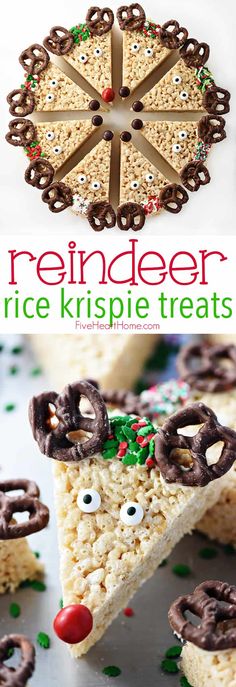 reindeer rice krispie treats with pretzels on top