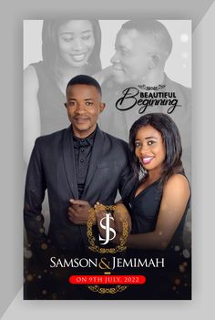 a couple standing next to each other in front of a black and gold background with the words samson & jemmah on it