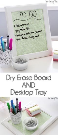 two pictures with pens and pencils in front of a sign that says, dry erase board and desktop tray