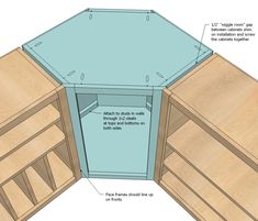 an open cabinet with the door and shelves labeled in blue text on it, including instructions for how to build