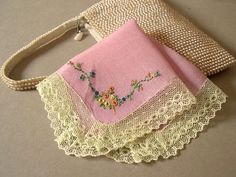 Women's vintage handkerchief 1940's, pink silk, edged with fine ecru lace ornamented with hand embroidery. on Etsy, $14.12 AUD Lace Handkerchief, Silk And Lace, Vintage Handkerchief, Pink Silk, Green And Blue, Vintage Silk, Cotton Lace