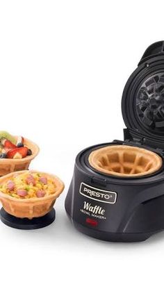 the waffle maker has three different types of food in it's trays