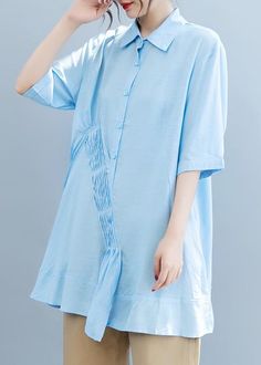 Handmade light blue Blouse lapel half sleeve Midi blouses

 Materials used: cotton blended

Measurement:One size fits all for this item. Please make sure your size doesn't exceed this size: XXL/BUST-114cm   
   
length 77cm / 30.03"
Shoulder 43cm / 16.77"
bust 114cm / 44.46"
Sleeve length 31cm / 12.09"



We ship worldwide.

Tracking numbers provided for all orders. Light Blue Blouse, Red Boho, Handmade Lighting, Blouse Material, Nike Outfits, Blue Blouse, Half Sleeve, Half Sleeves, One Size Fits All