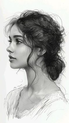 a black and white drawing of a woman's head with her hair in a bun