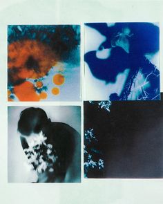 four polaroid photographs of people in different colors and shapes, with one man holding flowers