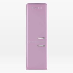 a purple refrigerator freezer sitting on top of a white floor