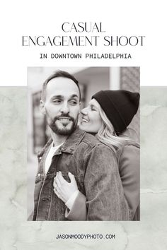 a man and woman embracing each other in front of a white background with the words casual engagement shoot