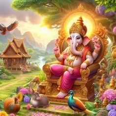 an elephant sitting on top of a golden chair in front of flowers and other animals