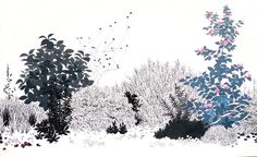 a painting of trees in the snow