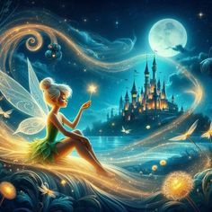 a painting of a fairy sitting on the ground in front of a castle at night