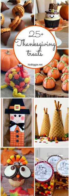 a collage of thanksgiving treats including cupcakes, pumpkins and other items