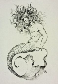 a drawing of a mermaid with her hair blowing in the wind, sitting on top of a wave