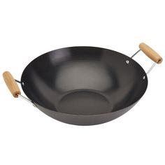 an empty frying pan with two wooden handles on a white background for use in cooking