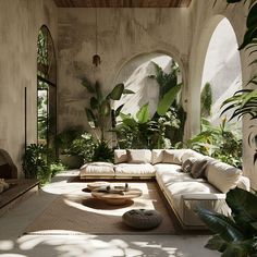 a living room filled with lots of plants and furniture