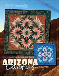 the cover of arizona quilts, featuring an image of mountains in the background and a circular