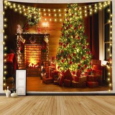 christmas tree and presents in front of a fireplace with lights on the wall behind it