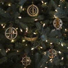 a christmas tree decorated with gears and lights