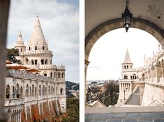 two pictures side by side, one with a castle and the other with a clock tower