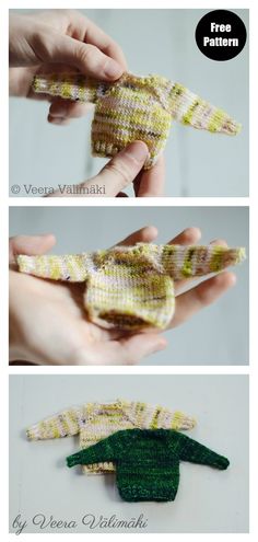 two pictures showing how to make an origami frog out of knitted material