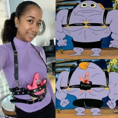 a woman wearing a purple shirt and black pants with cartoon characters on her chest belt