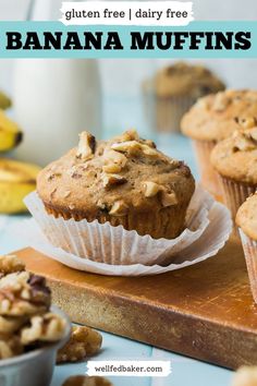 A gluten free banana muffin sitting on a wooden cutting board. Gluten Free Banana Nut Muffins, One Ripe Banana, Dairy Free Banana Muffins, Gluten Free Peach Cobbler, Peach Cobbler Muffins, Banana Muffins Easy, Muffins Easy