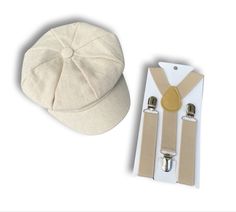 "Your special guy will look so handsome when he shows up in his Tan wool newsboy hat / applejack cap and  matching suspenders ! Great accessories for groomsman, best man or ring bearers -  This  set is a great choice for family photos, wedding, ring bearer outfit, birthday celebration or any other special occasion.  Please  contact us about FREE COLOR SAMPLES ! NEWSBOY Cap  : Made from  high quality medium weight fabric  which will hold its shape . The cap is made up of 8 top stitched panels top Adjustable Cream Hat For Gift, Adjustable Cream Hat For Gifts, Adjustable Cream Hat As Gift, Vintage Adjustable Hat Bands As Gift, Cream Adjustable Mini Hats As Gift, Classic Adjustable Mini Cap Hat, Adjustable Cream Mini Hats As Gifts, Adjustable Cream Mini Hats As Gift, Adjustable Cream Mini Cap Hat