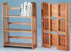 two bookshelves made out of wood with one open and the other closed