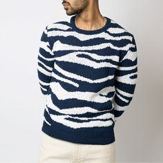 Super Cozy Cotton Sweater In A Classic Navy And White Striped Wave Pattern. Jacquard Graphic Pattern Throughout Rib Knit Crewneck, Hem, And Cuffs 100% Cotton. Made In Romania. White Jacquard Knit Tops For Fall, White Jacquard Knit Sweater For Fall, White Jacquard Knit Crew Neck Tops, White Jacquard Knit Winter Sweater, Winter White Jacquard Knit Sweater, White Jacquard Knit Sweater, White Jacquard Knit Winter Top, White Jacquard Knit Top For Winter, White Jacquard Knit Fitted Sweater