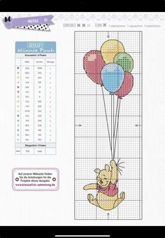 a cross stitch pattern with winnie the pooh holding balloons on it's back